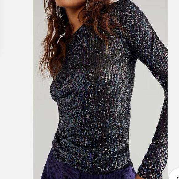 Free People Gold Rush Long Sleeve Top in Size L Black Combo Sz Sx NWT - Picture 2 of 8